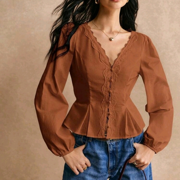 Cotton Elegant Lace Trimmed Waist Button Detail Shirt, Long Sleeve Shirt - Picture 5 of 6